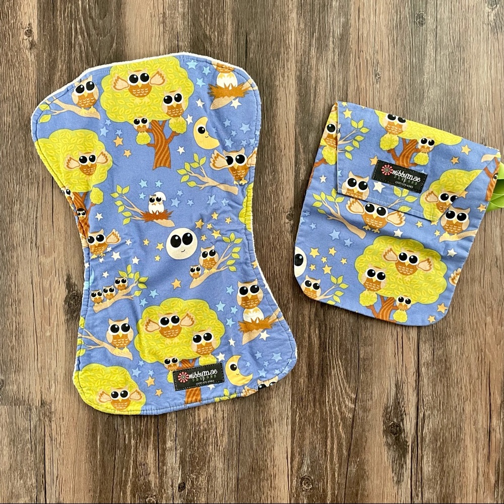 Handmade in Maine Owl Baby Burp Cloth & Bag Set